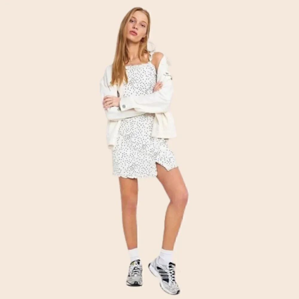 Urban Outfitters Wren Ivory Dotted Linen Viscose Ruffle Mini Dress Size Small